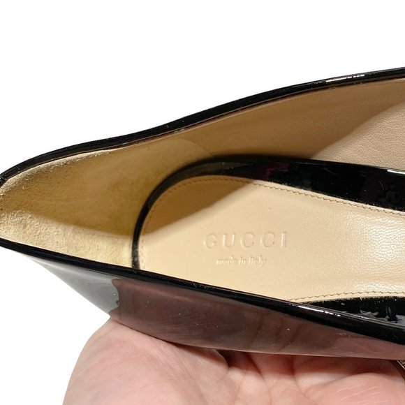 𝅺GUCCI Patent Leather Malaga Kid Horsebit Peep Toe Pumps Black - Picture 9 of 9